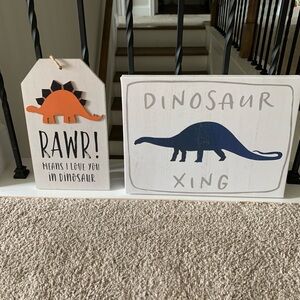 Hobby Lobby White and Navy Dinosaur Wall Signs with Orange Accent